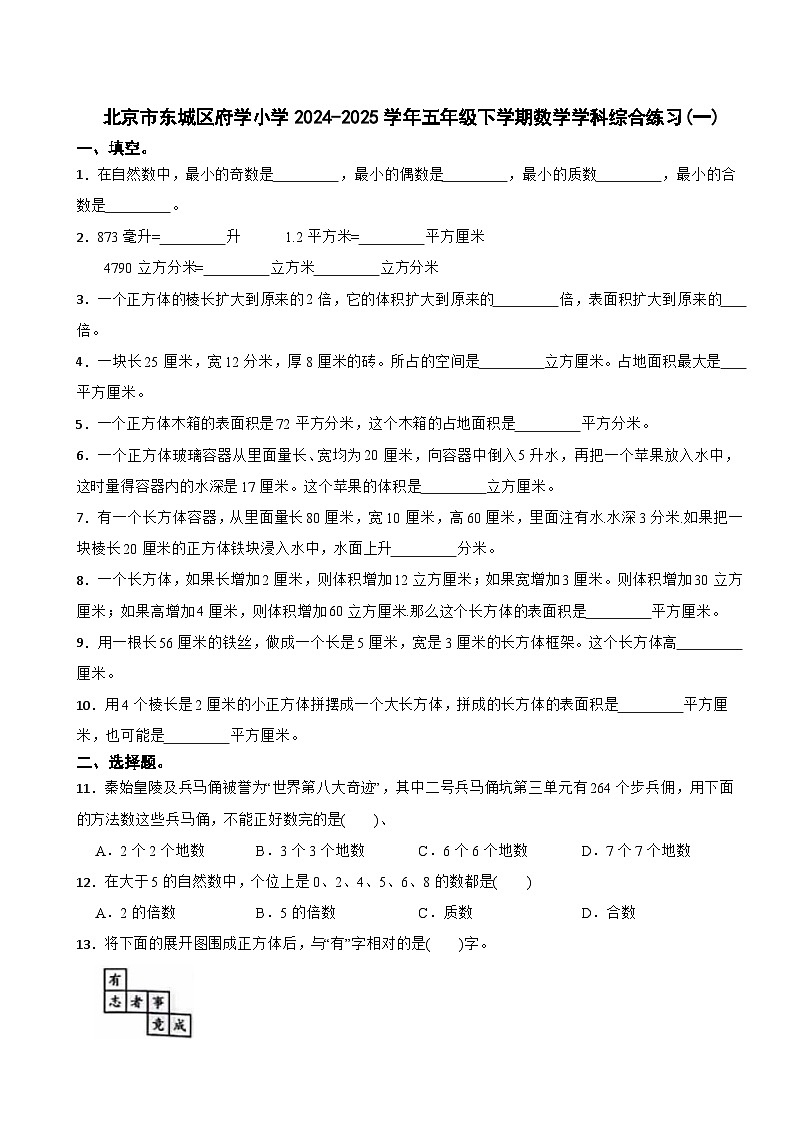 北京市东城区府学小学2024-2025学年五年级下学期数学学科综合练习(一)第1页