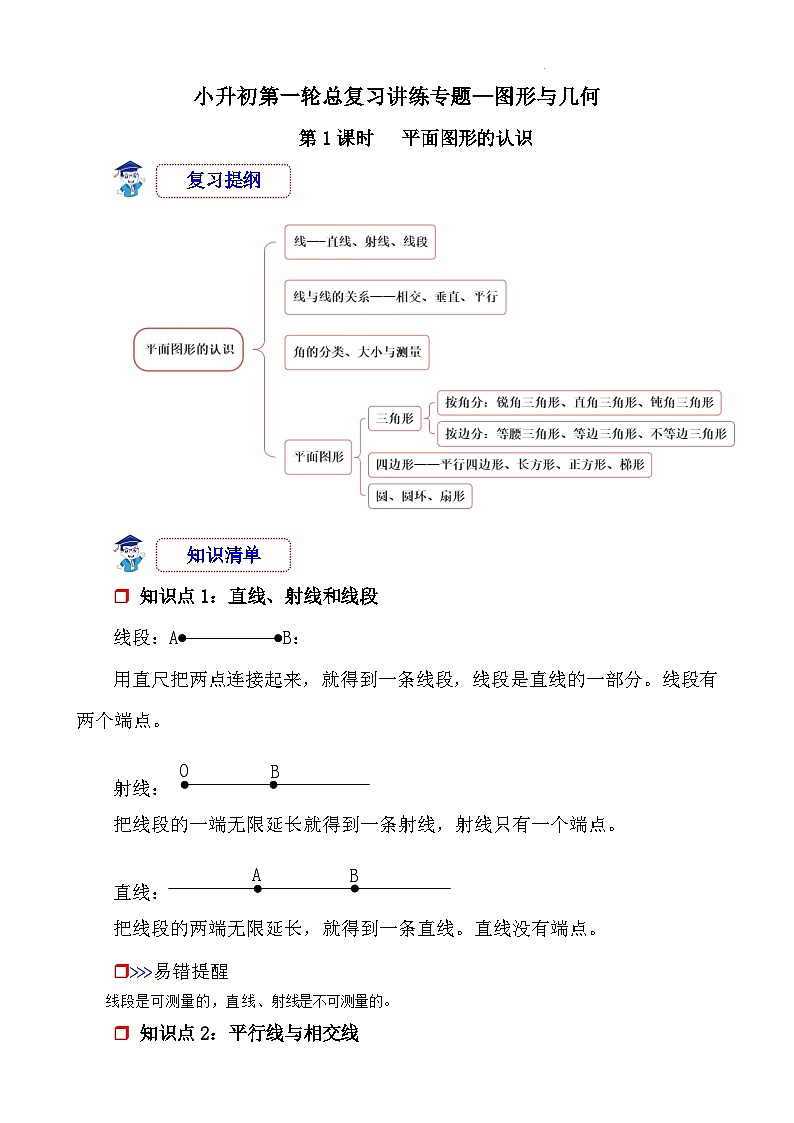 第1课时《图形与几何—平面图形的认识》-小升初数学第一轮总复习讲练专题讲义.docx第1页