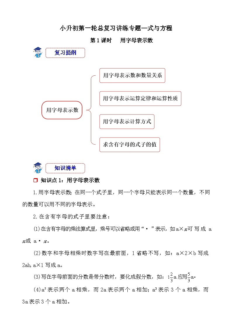 第1课时《式与方程—用字母表示数》-小升初数学第一轮总复习讲练专题讲义.docx第1页