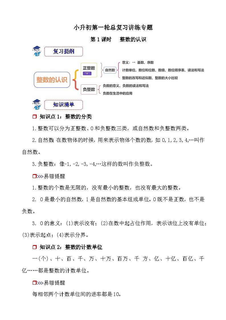 第1课时《数的认识—整数的认识》-小升初数学第一轮总复习讲练专题讲义.docx第1页
