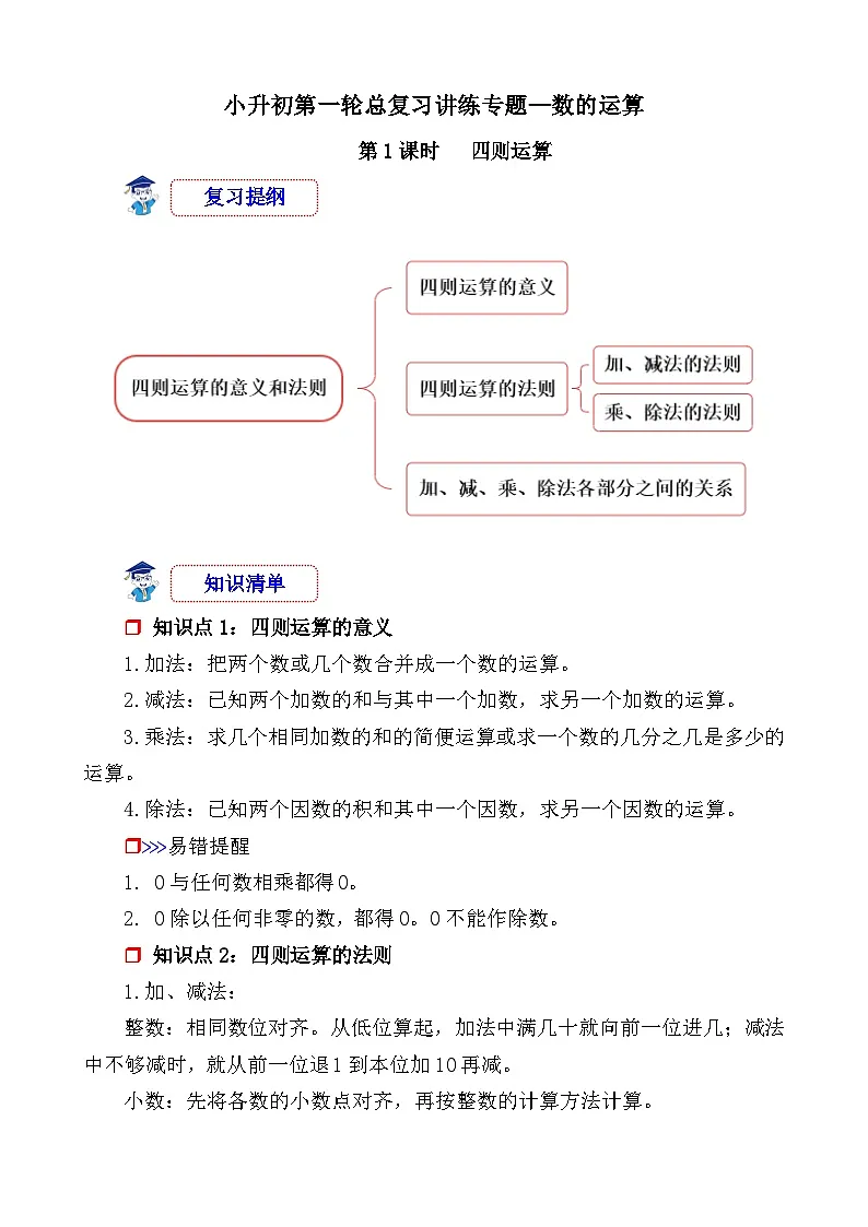 第1课时《数的运算—四则运算》-小升初数学第一轮总复习讲练专题讲义.docx第1页