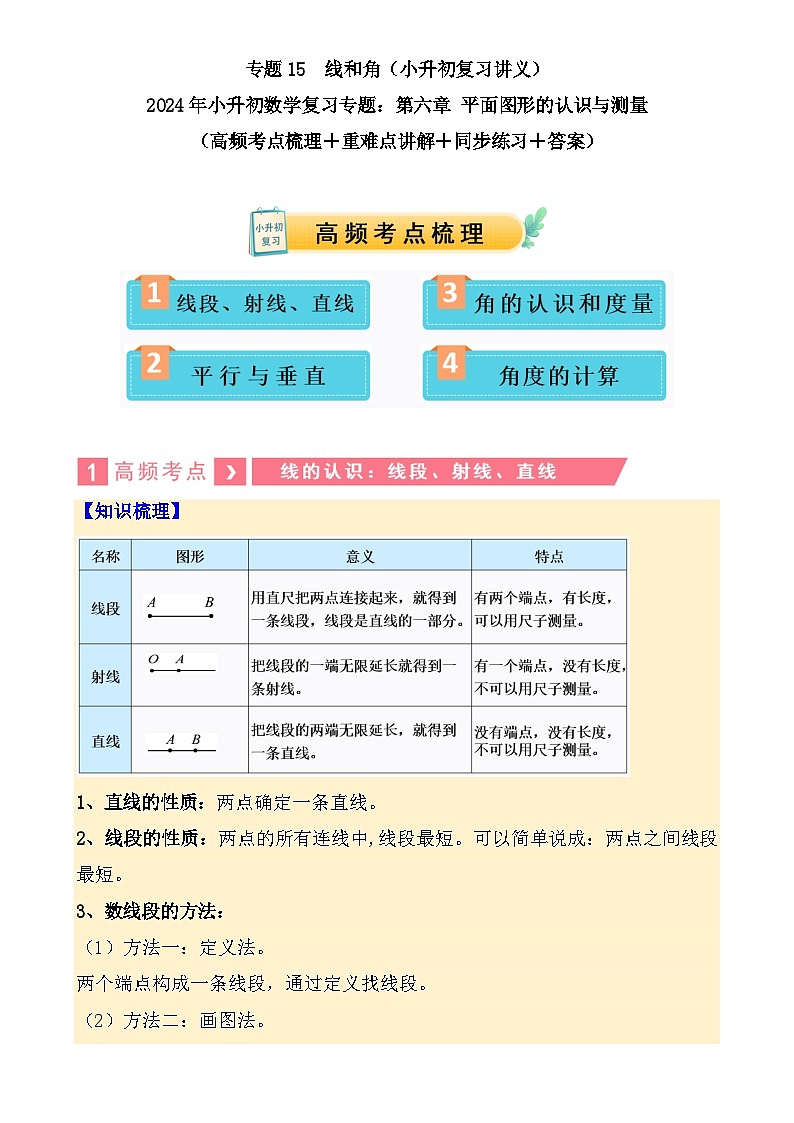 专题15  线和角（讲义）-2024年小升初数学复习讲练测（通用版）-A4第1页