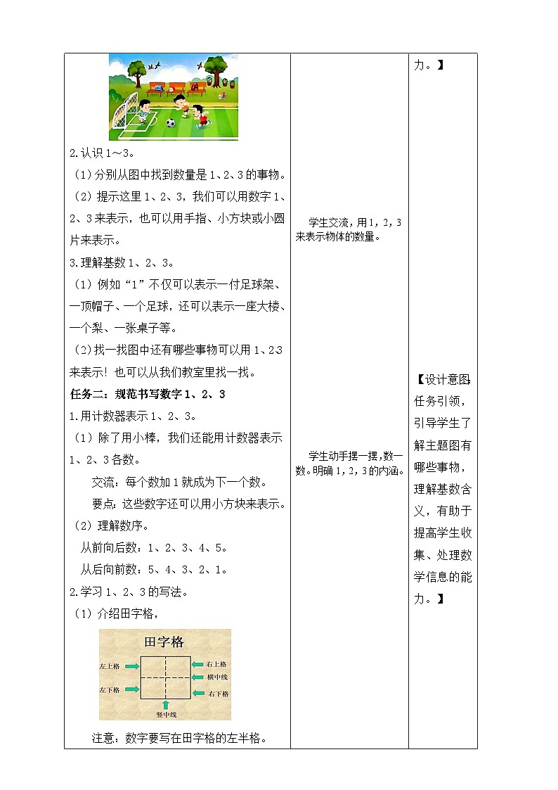 苏教版2024一年级上册数学  第一单元 《认识1~3》教案（表格式）第2页