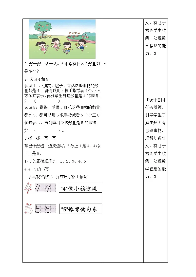 苏教版2024一年级上数学《认识4、5》教案（表格式）第2页