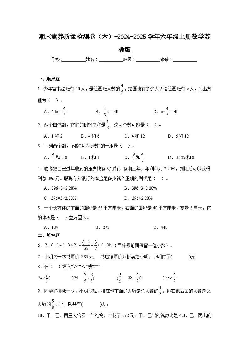 期末素养质量检测卷（六）（含解析）-2024-2025学年六年级上册数学苏教版第1页