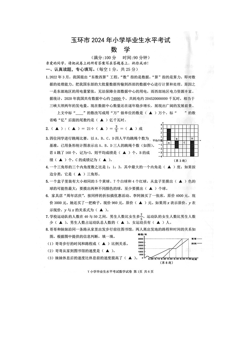 浙江省台州市玉环市2023-2024学年第二学期六年级数学期末试卷（人教版，无答案）第1页