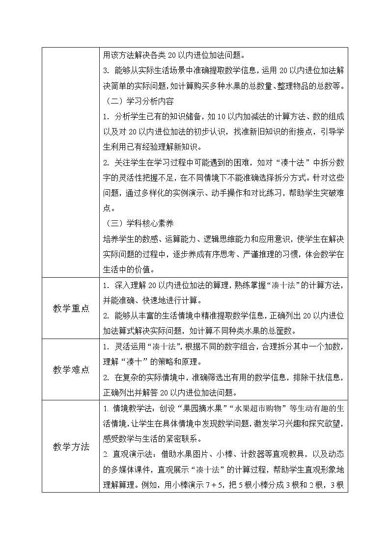 西师大版一年级上册数学第五单元《20以内的进位加法》3《进位加法-一共摘了多少筐水果？》教案第2页