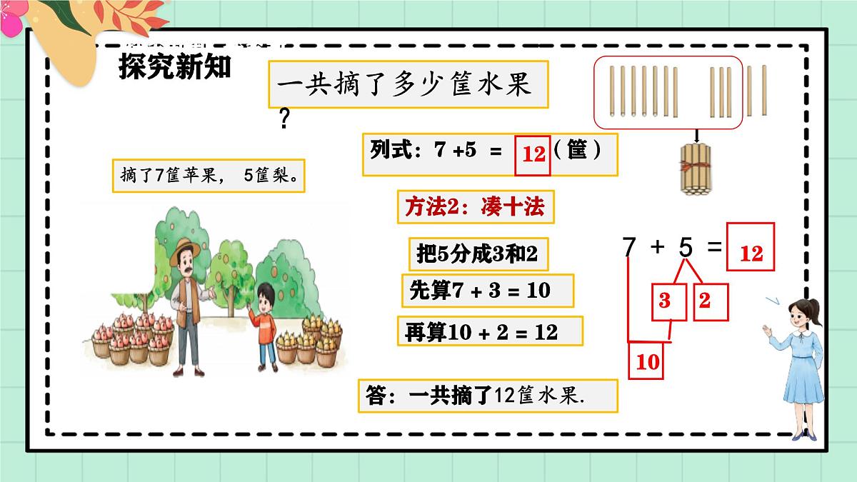 西师大版一年级上册数学第五单元（20以内的进位加法）3《进位加法-一共摘了多少筐水果？》课件第7页