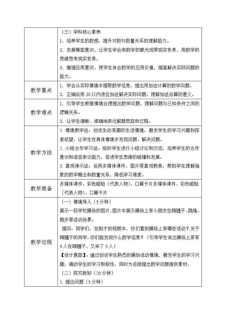 西师大版一年级上册数学第五单元《20以内的进位加法》5《进位加法-提出一个数学问题并解答》教案第2页