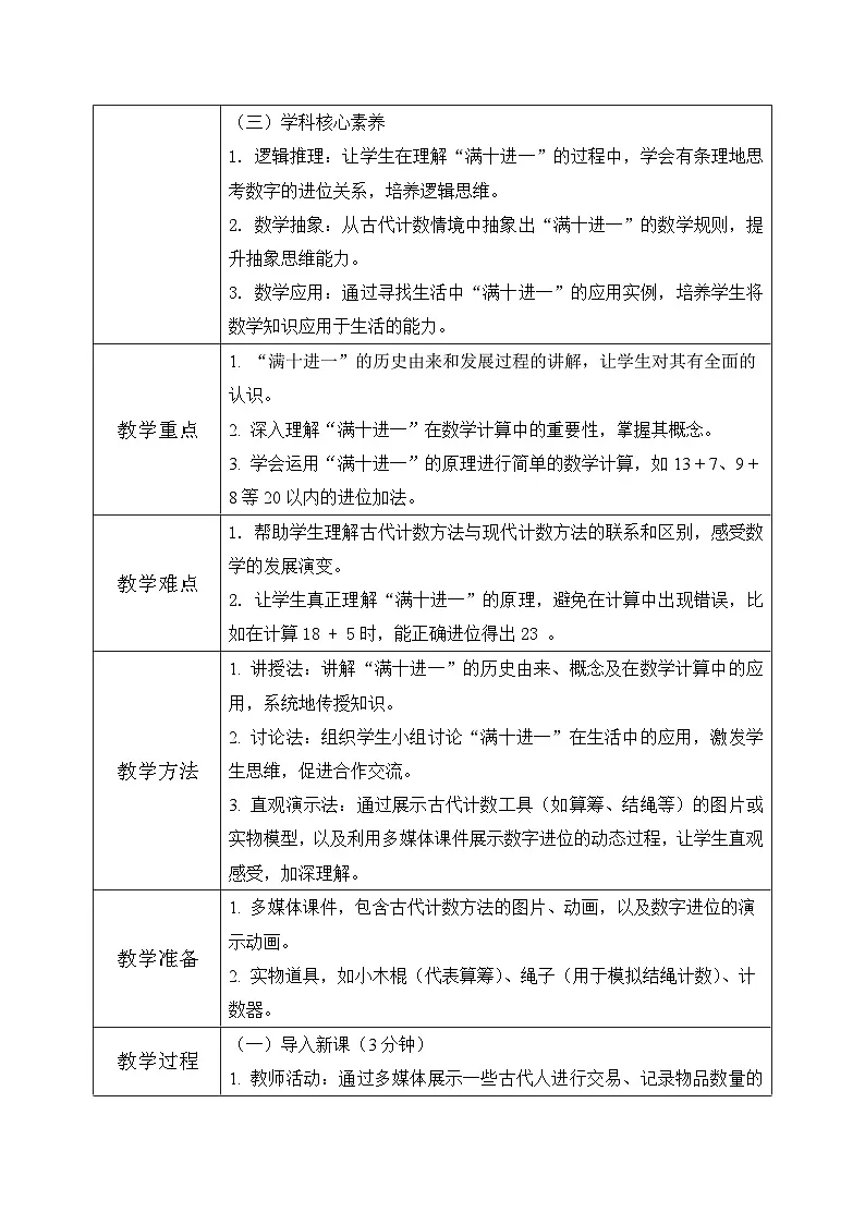 西师大版一年级上册数学《满十进一的由来》教案第2页