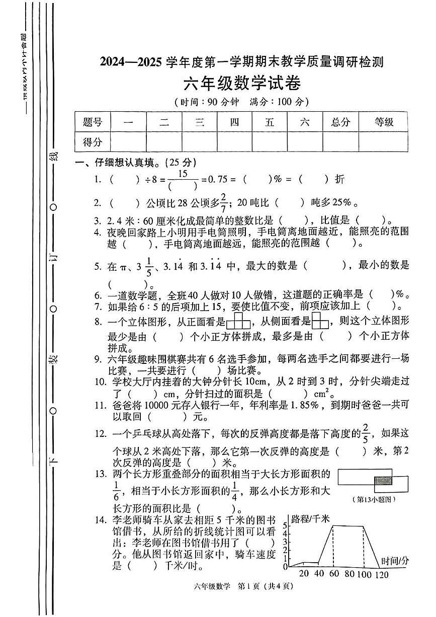陕西省西安市灞桥区2024-2025学年六年级上学期期末考试数学试题（图片版，含答案）第1页