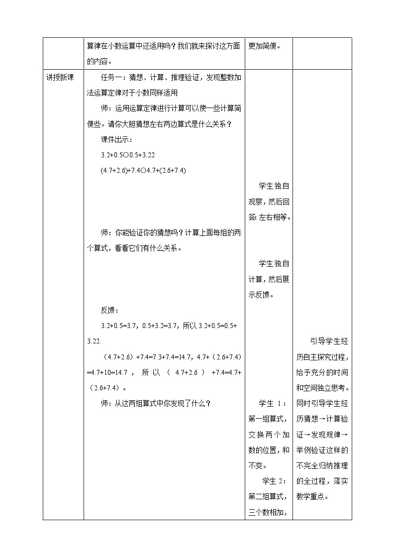 人教版四下《6.4 整数加法运算定律推广到小数》教学设计第3页