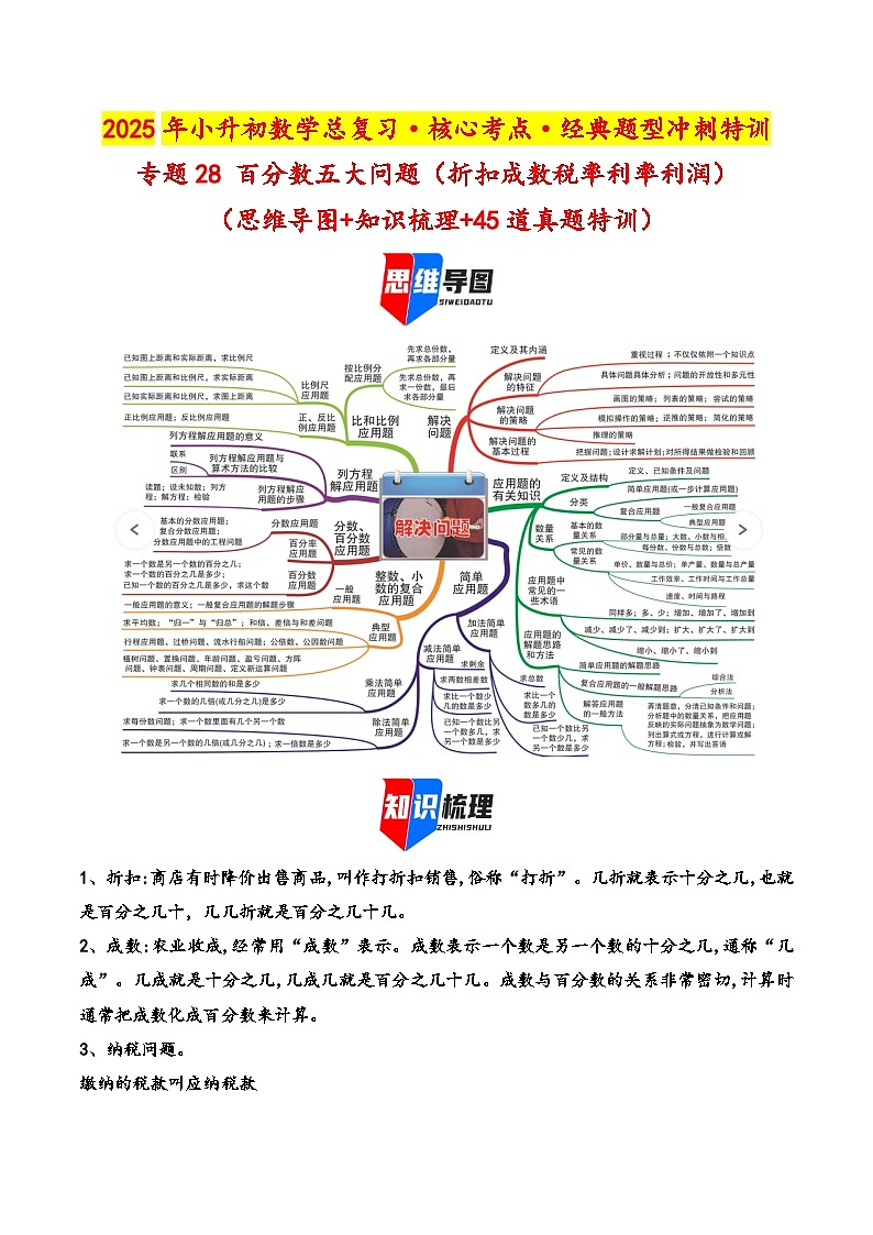 2025年小升初数学核心考点讲练（通用版）专题28百分数五大问题（折扣成数税率利率利润）（学生版）第1页