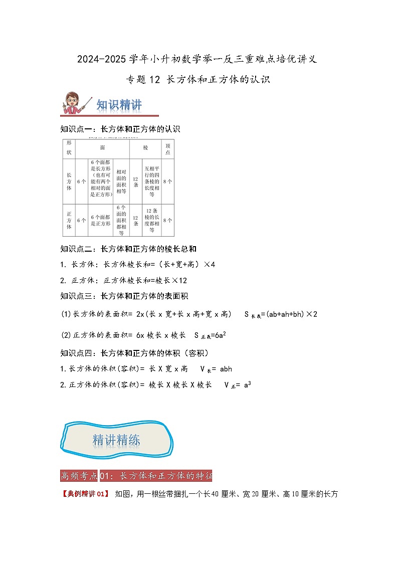2025年小升初数学举一反三重难点培优练专题12《长方体和正方体的认识》（教师版）第1页
