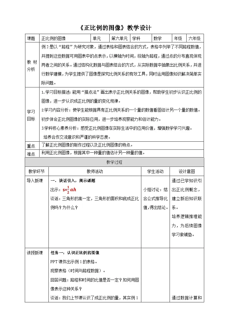 苏教版六下6.2《正比例的图像》（教案）第1页