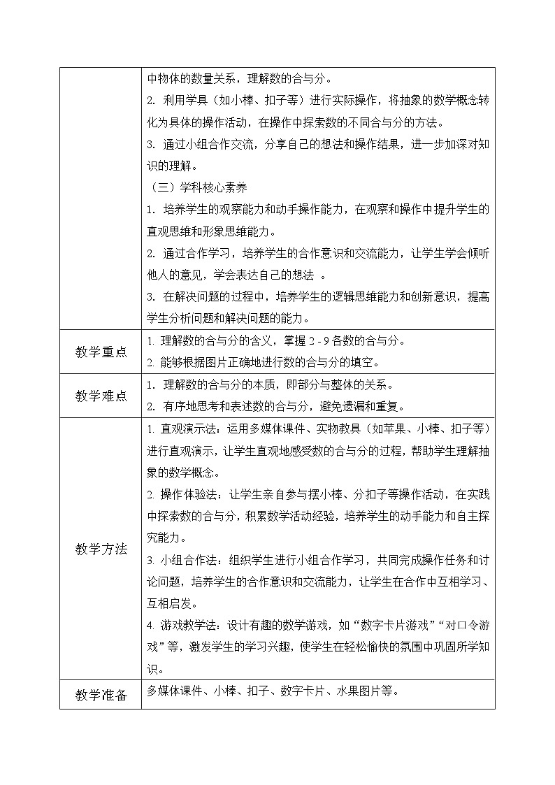 冀教版一年级上册数学第一单元7《合与分-看图填数》教学设计第2页