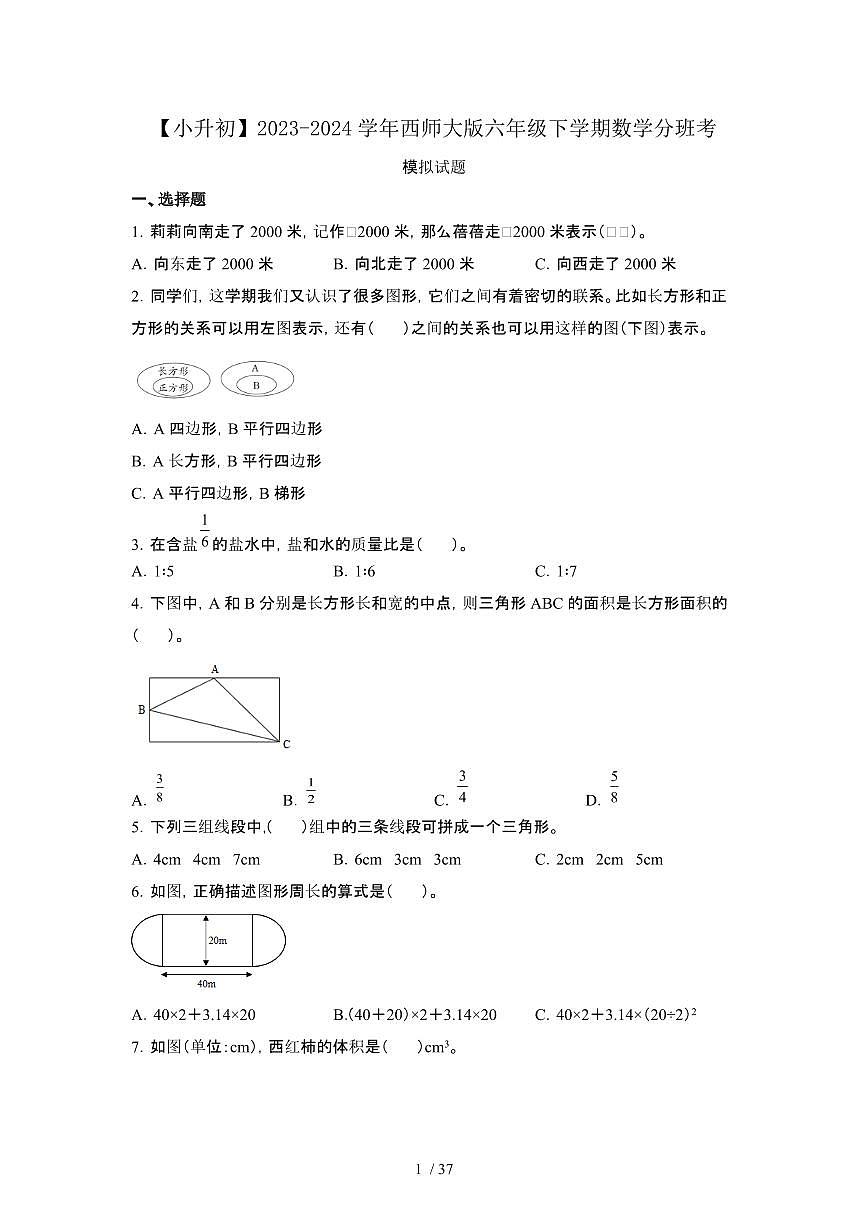 2023_2024学年 [小升初西师大版]六年级下册数学分班考试卷[有解析]第1页