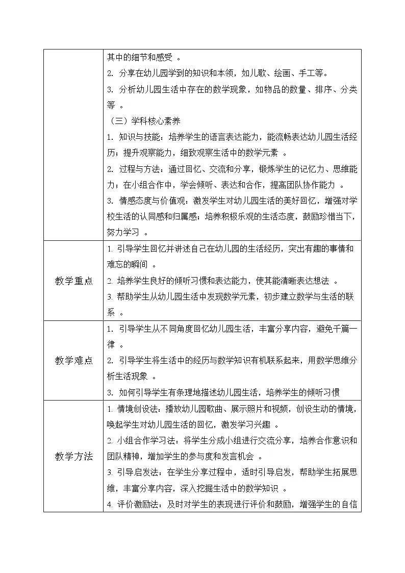 冀教版一年级上册数学上学了2《分享幼儿园生活》教学设计第2页