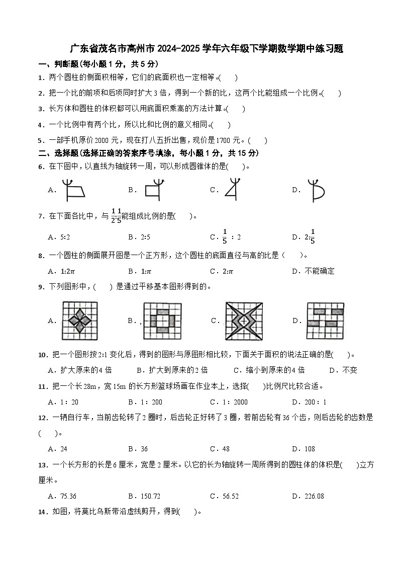 广东省茂名市高州市2024-2025学年六年级下学期数学期中练习题第1页