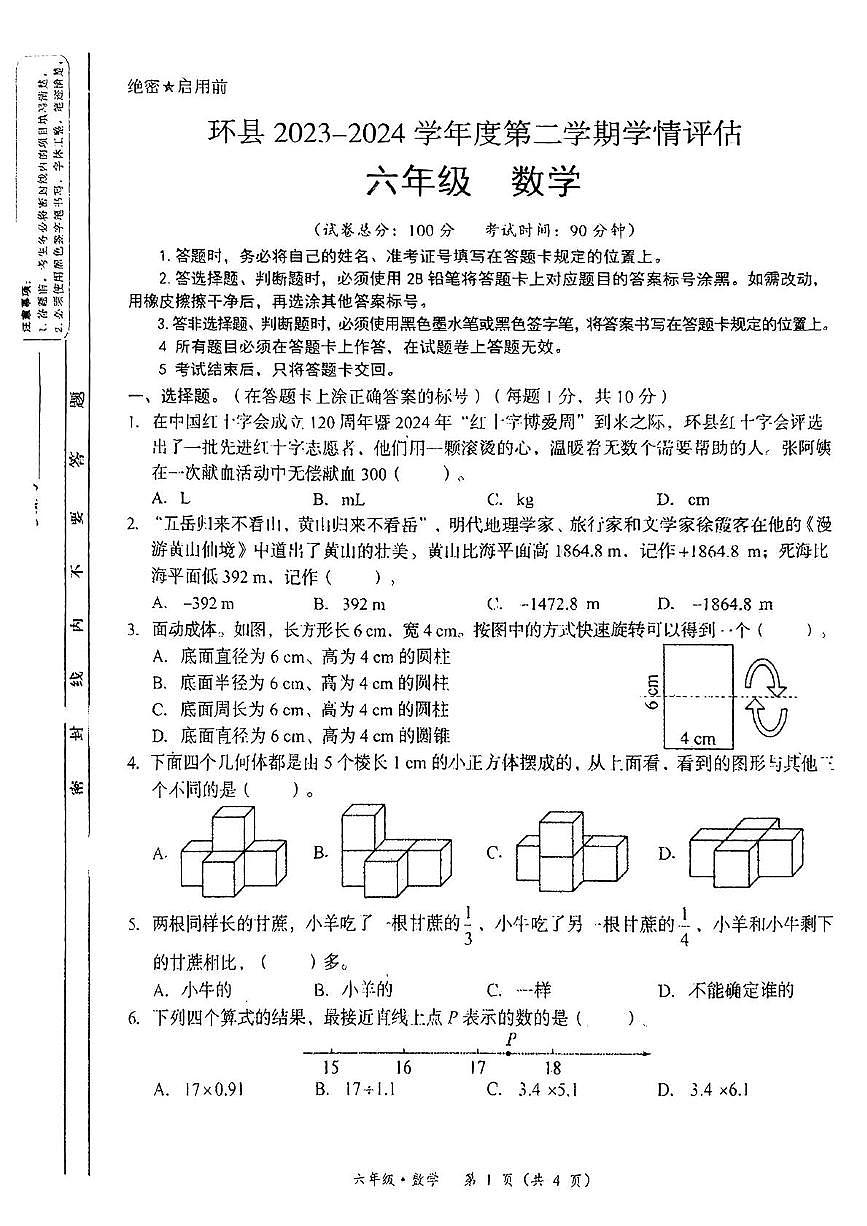 甘肃省庆阳市环县2024-2025学年六年级下学期期末数学试题第1页