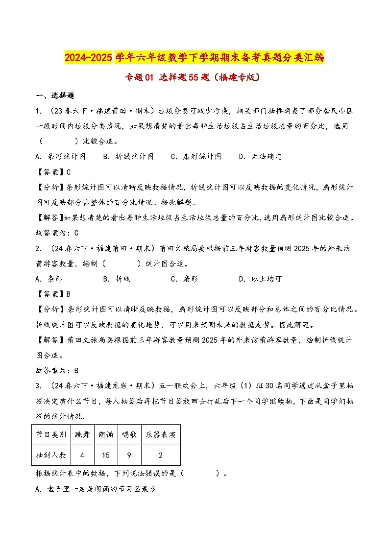 专题01 选择题55题-2024-2025学年六年级下学期数学期末备考真题分类汇编（教师版）（福建专版，人教版）第1页