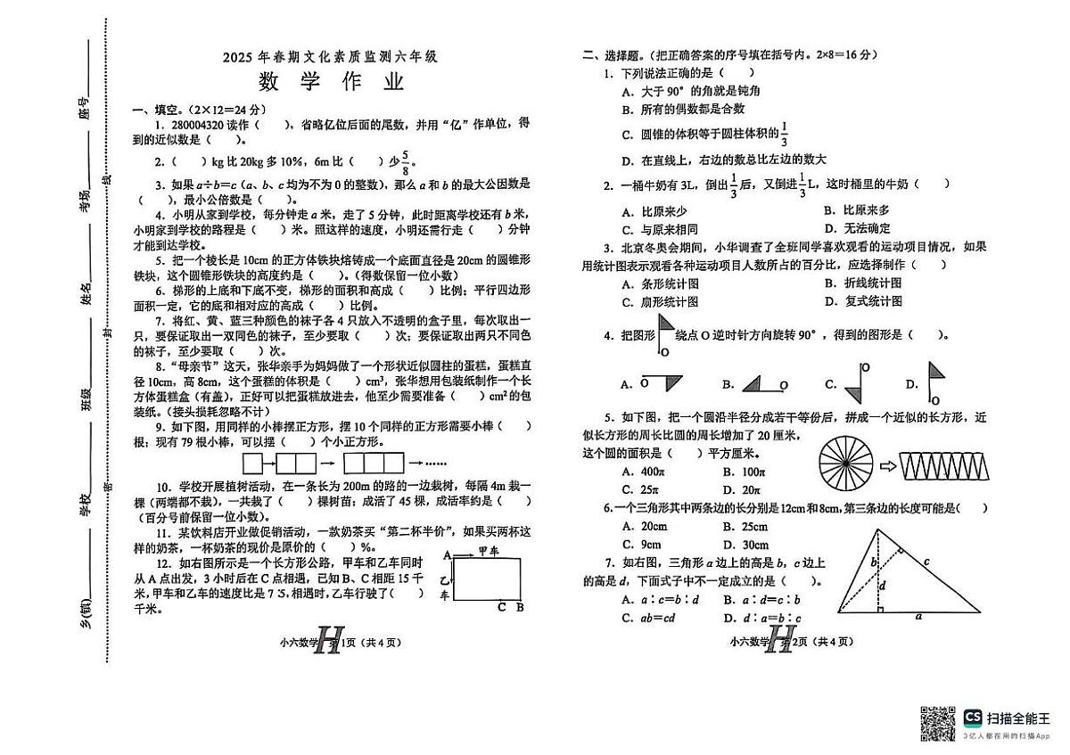 河南省南阳市唐河县2024-2025学年六年级下学期6月模拟预测数学试题第1页
