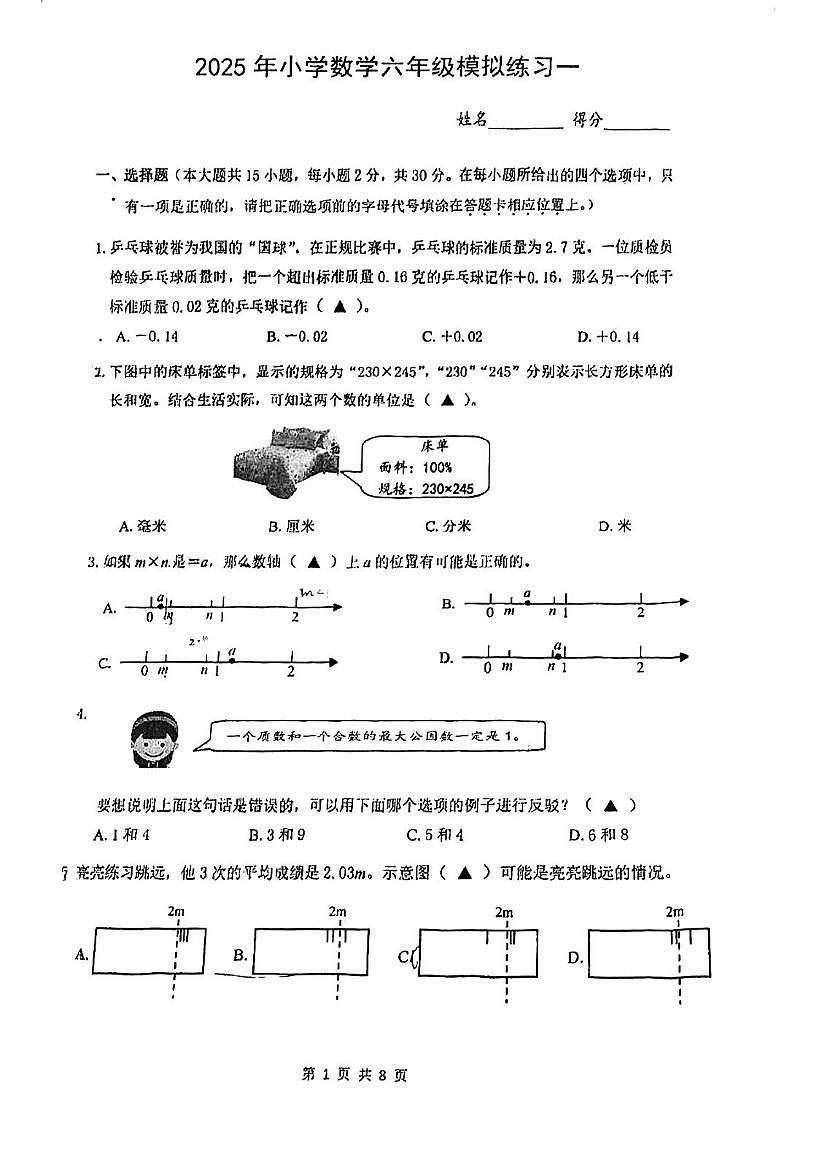 江苏省南通市崇川区2024-2025学年六年级下学期期末数学模拟练习第1页