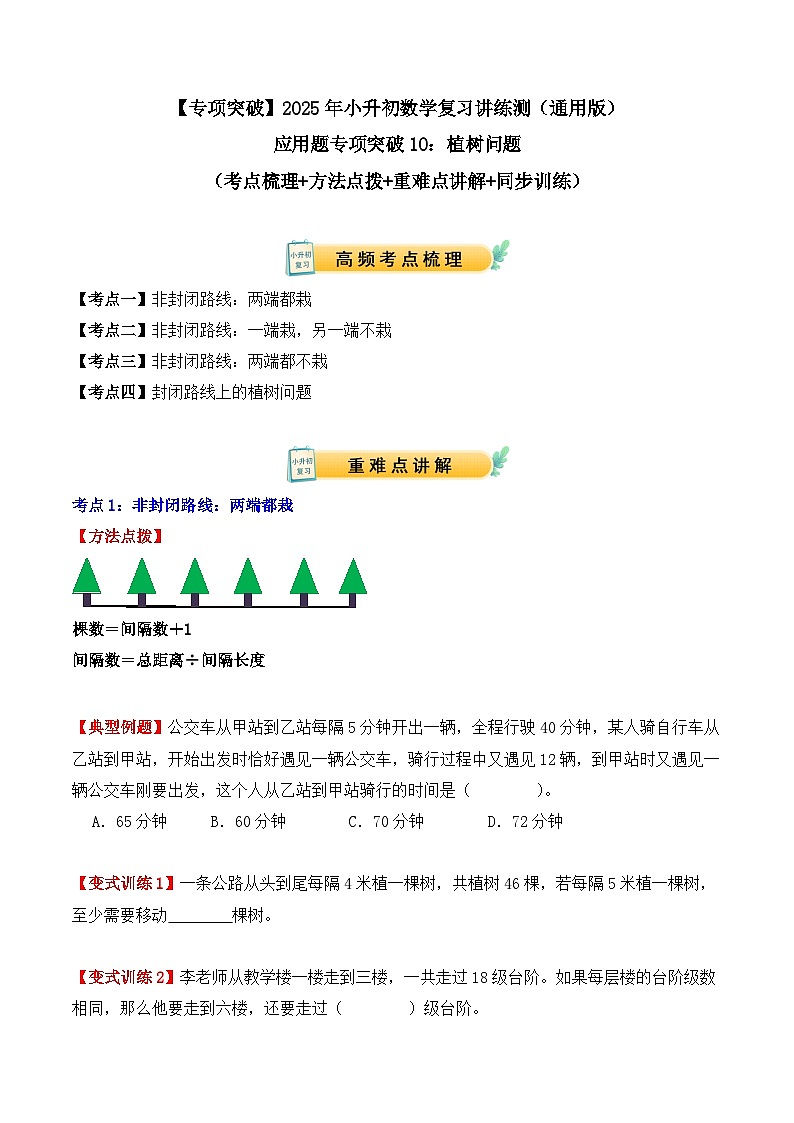 应用题专项突破10：植树问题（学生版）-2025年小升初数学应用题专项突破（通用版）第1页