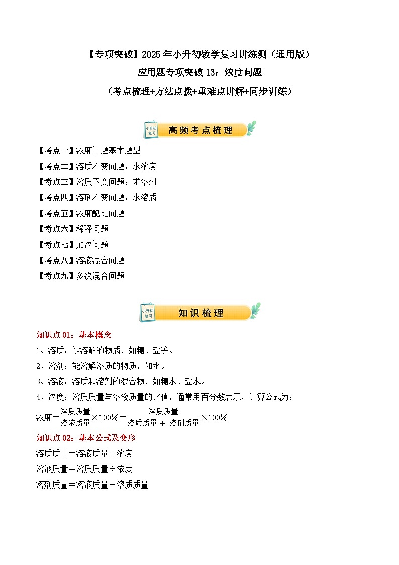 应用题专项突破13：浓度问题（学生版）-2025年小升初数学应用题专项突破（通用版）第1页