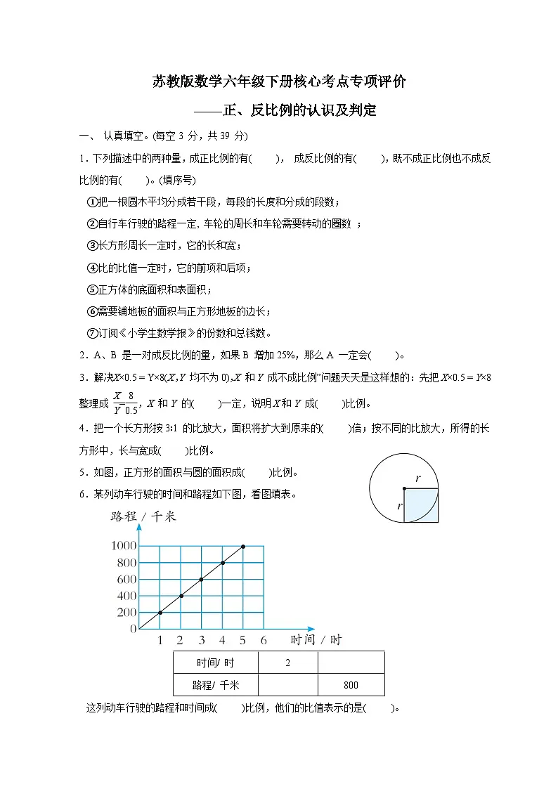 2024_2025学年苏教版数学六年级下册专项训练：正、反比例的认识及判定（含答案）第1页