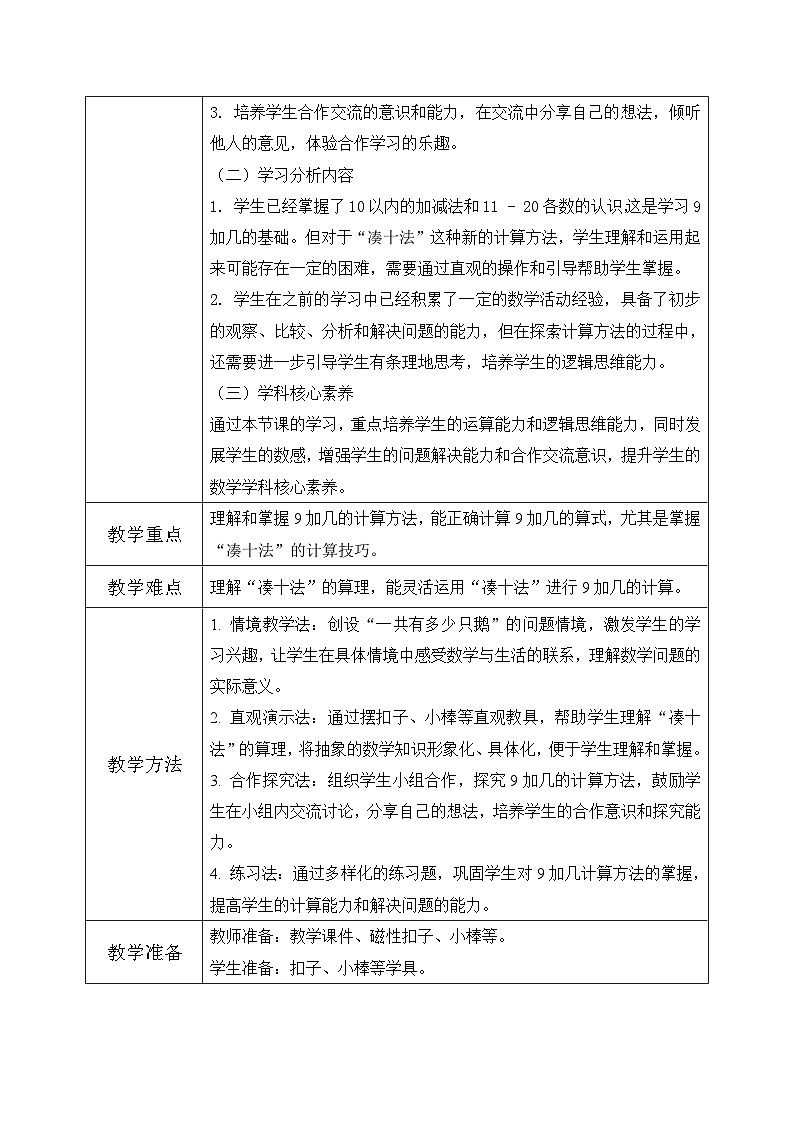 冀教版一年级上册数学第四单元2《9加几-一共有多少只鹅？》教学设计第2页
