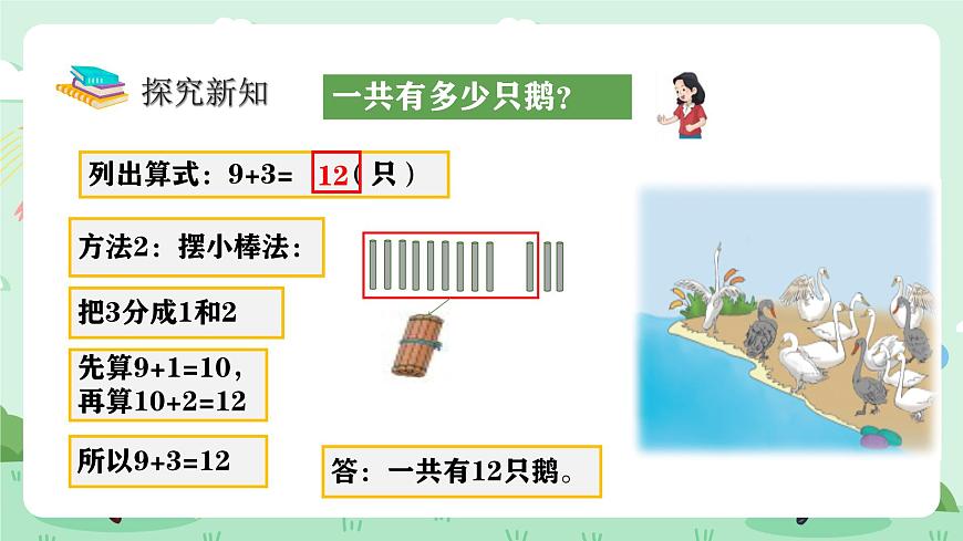 冀教版一年级上册数学第四单元2《9加几-一共有多少只鹅？》课件第7页