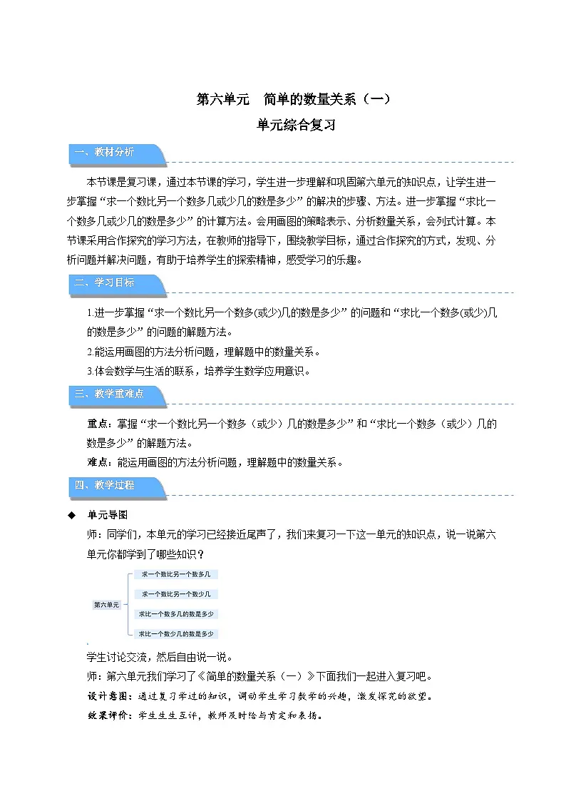 第六单元《 简单的数量关系（一）》单元复习 教案 数学苏教版（2024）一年级下册第1页