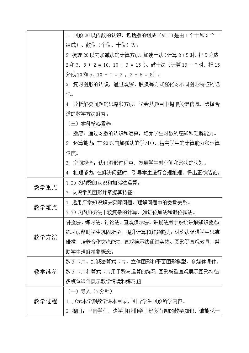 冀教版一年级上册数学第六单元2《期末复习-学习评价》教学设计第2页