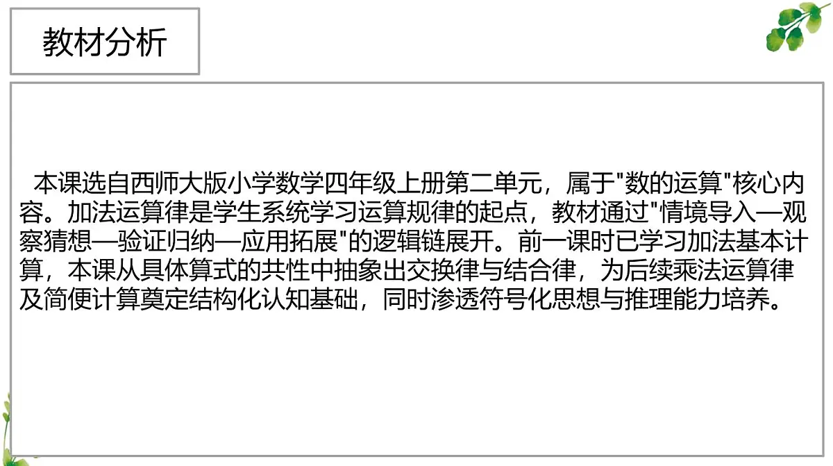 西师大版小学数学四年级上册第二单元第二课时《加法运算律》说课课件第2页