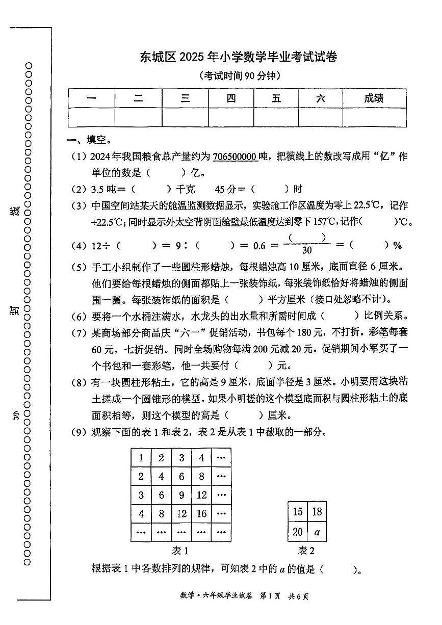 北京市东城区2024-2025学年六年级下学期数学期末试卷第1页