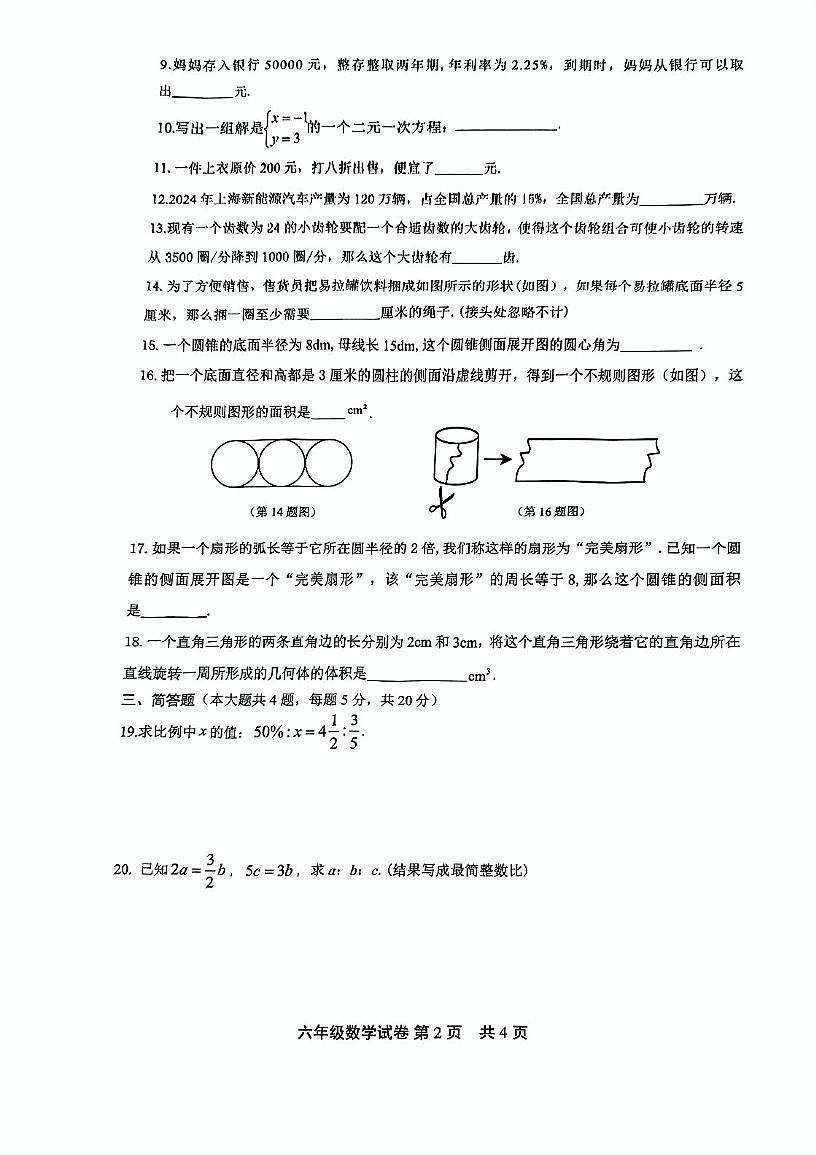 上海市松江区2024--2025学年下学期六年级数学期终质量监测试卷第2页