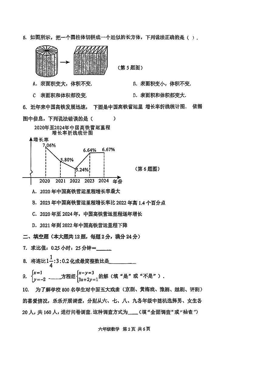 上海市闵行区2024-2025学年六年级下学期期末数学试卷第2页