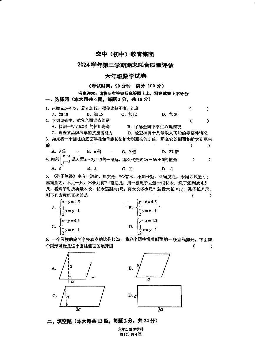 上海市交大附中附属嘉定洪德中学2024-2025学年六年级下学期期末联考数学试题第1页