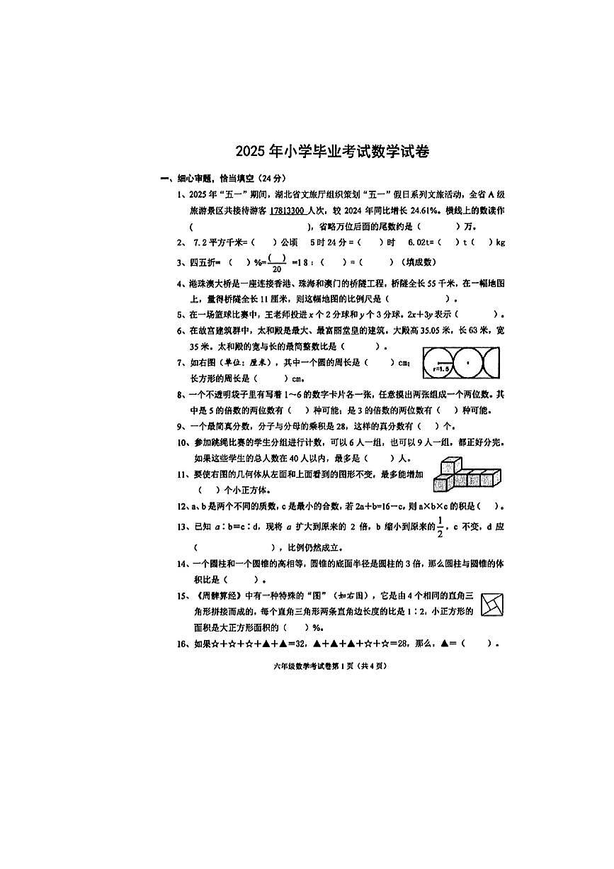湖北省武汉市蔡甸区2024-2025学年六年级下数学期末试卷第1页