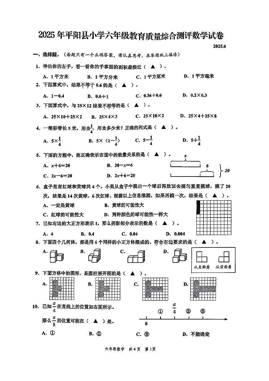 浙江省温州市平阳县2024-2025学年六年级下数学期末试卷第1页