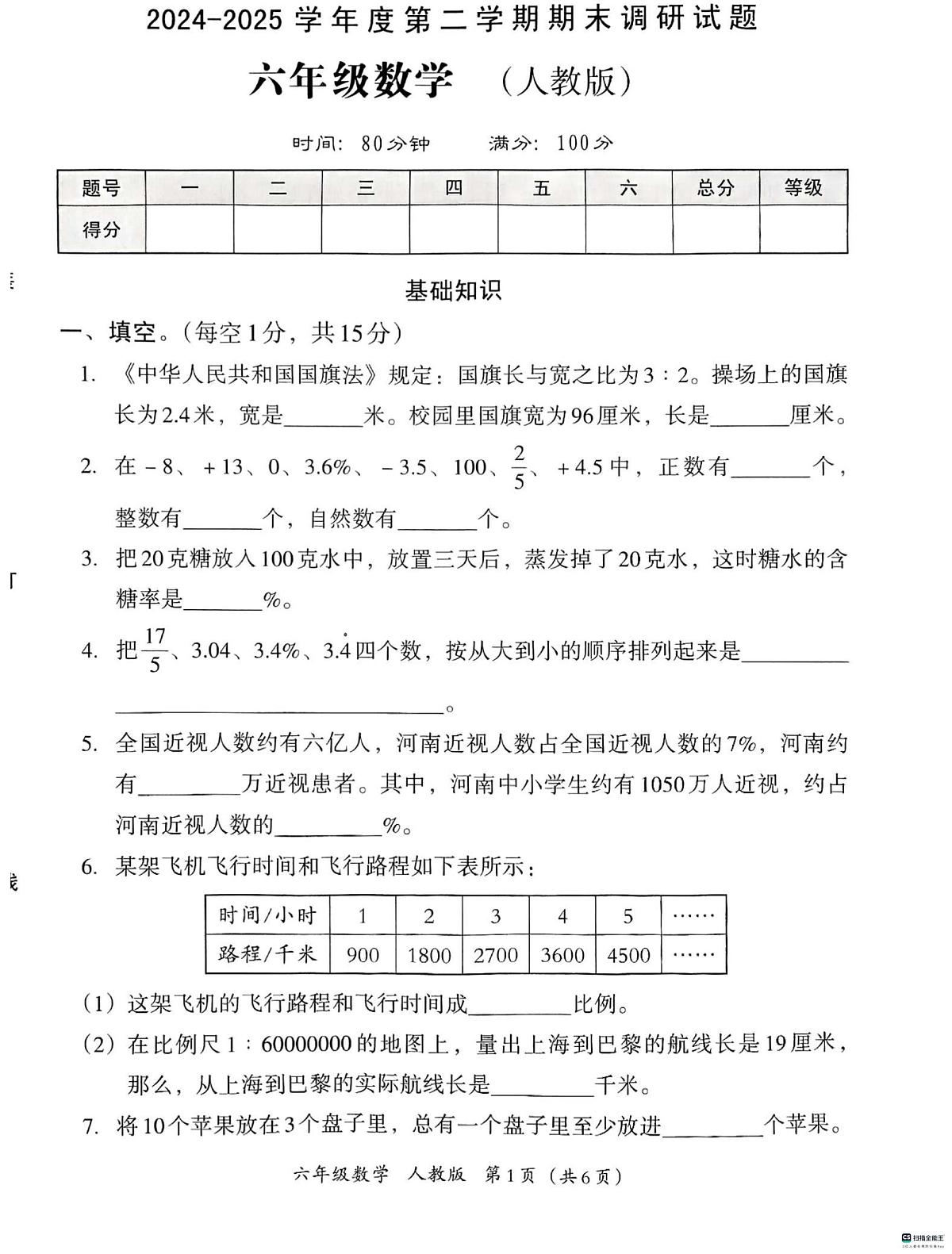 河北省邢台市襄都区路家园小学等校联考2024-2025学年六年级下学期6月期末数学试题第1页