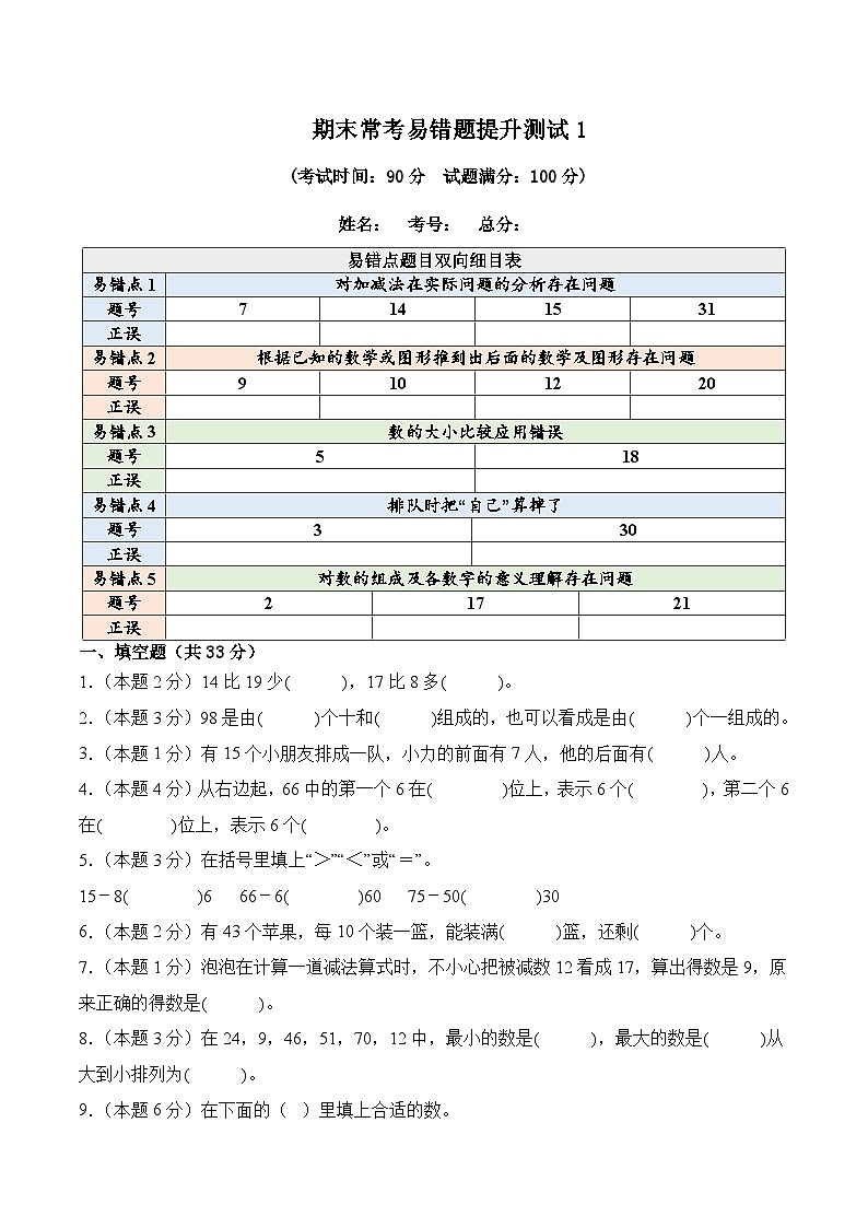 2024-2025学年一年级下学期数学期末常考易错题提升检测卷（人教版2024+含答案解析）第1页