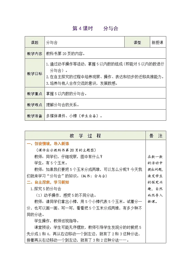 人教版（2024）数学一年级上册 1.1 1~5的认识 第4课时 分与合（教案）第1页