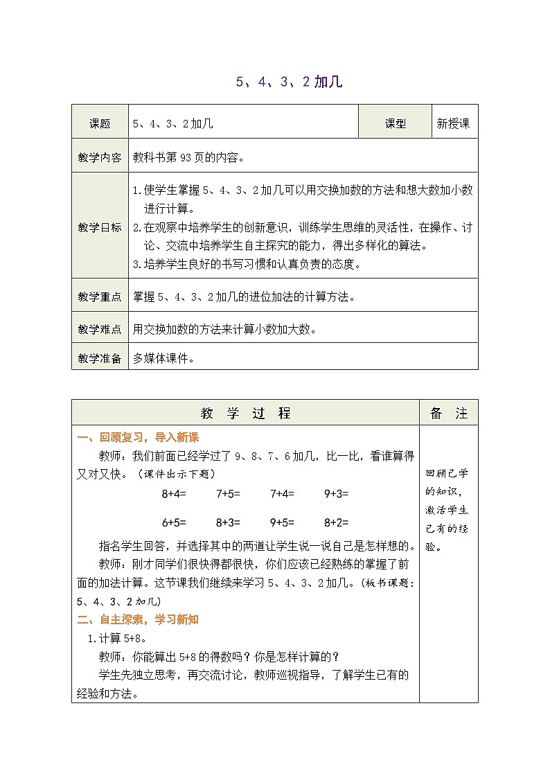 人教版（2024）数学一年级上册 5.3 5、4、3、2加几（教案）第1页