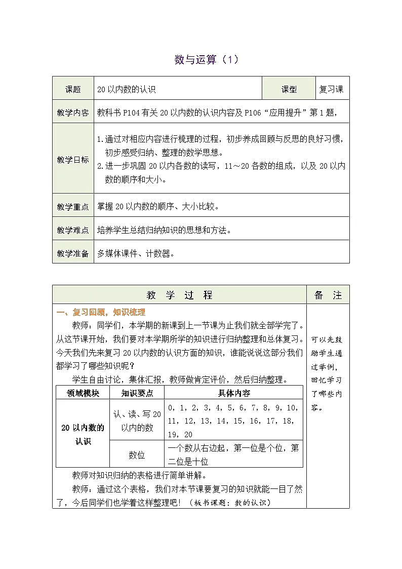 人教版（2024）数学一年级上册 6.1 数与运算（1）（教案）第1页