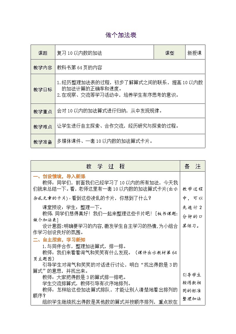 北师大版（2024）数学一年级上册 4.10 做个加法表（表格式教案）第1页