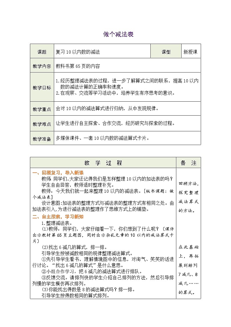 北师大版（2024）数学一年级上册 4.11 做个减法表（表格式教案）第1页