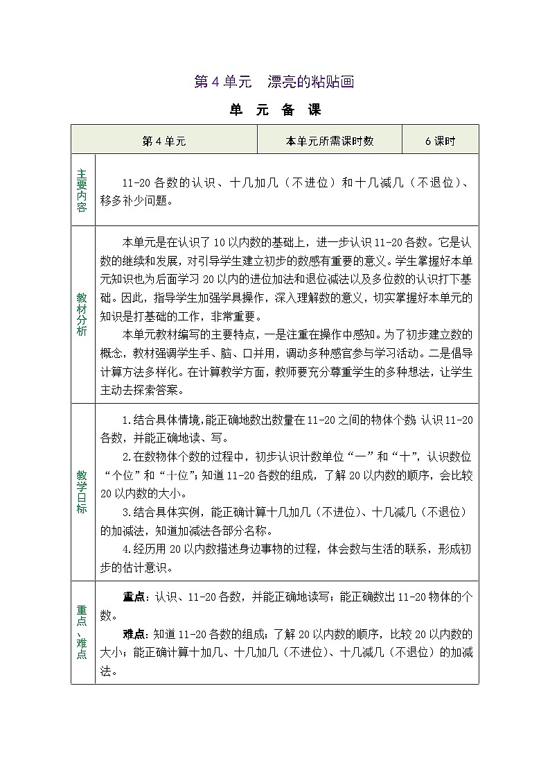 青岛版（2024）数学一年级上册 4.1  信息窗1：11-20各数的认识（表格式教案）第1页