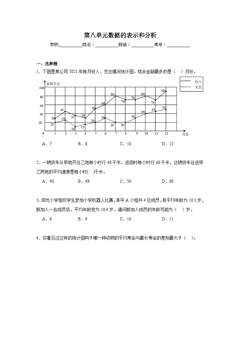 第八单元数据的表示和分析期末复习练 北师大版数学五年级下册第1页